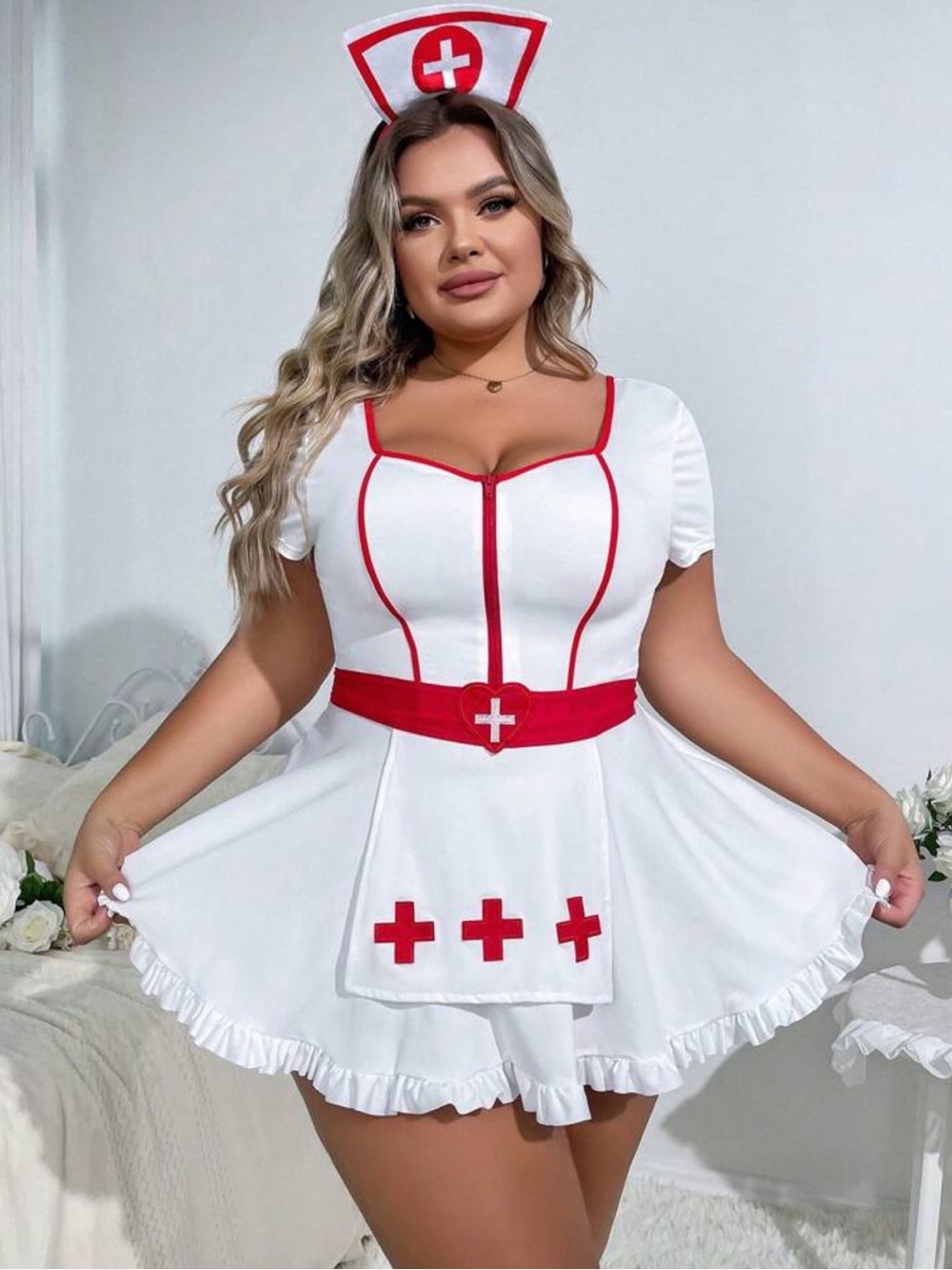 Plus Size White & Red Nurse Costume/ Fantasy Three Piece Set